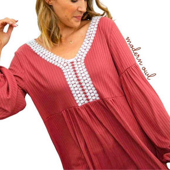 Beautiful Spring/Fall Blouse with Crochet V-Neck trim Babydoll Style! - Picture 7 of 16